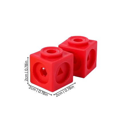 Child's hands stacking red, blue, and yellow linking cubes, demonstrating fine motor skills and spatial reasoning.