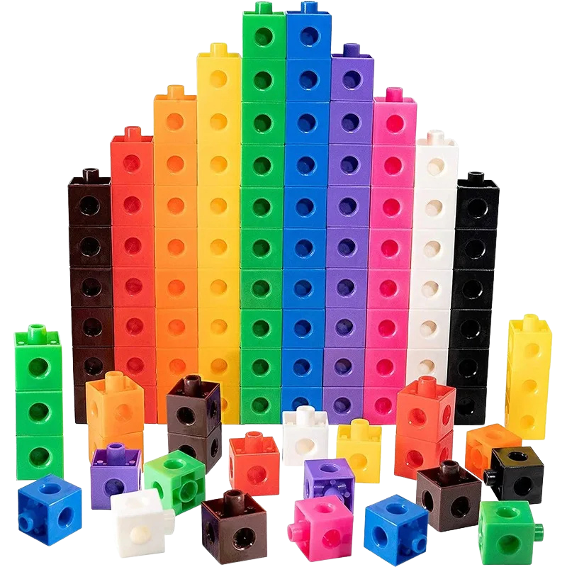 Close-up of a structured creation made from green and orange educational linking cubes, ideal for STEM learning.
