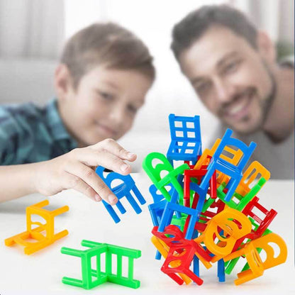 Set of brightly colored plastic chairs for kids' stacking game, develops fine motor control