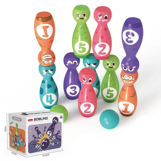 Colorful kids' bowling game set with 6 pins and ball, perfect for outdoor play & family fun.