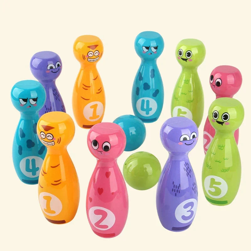 Children playing with a vibrant bowling set, an educational sports toy for early learning skills.