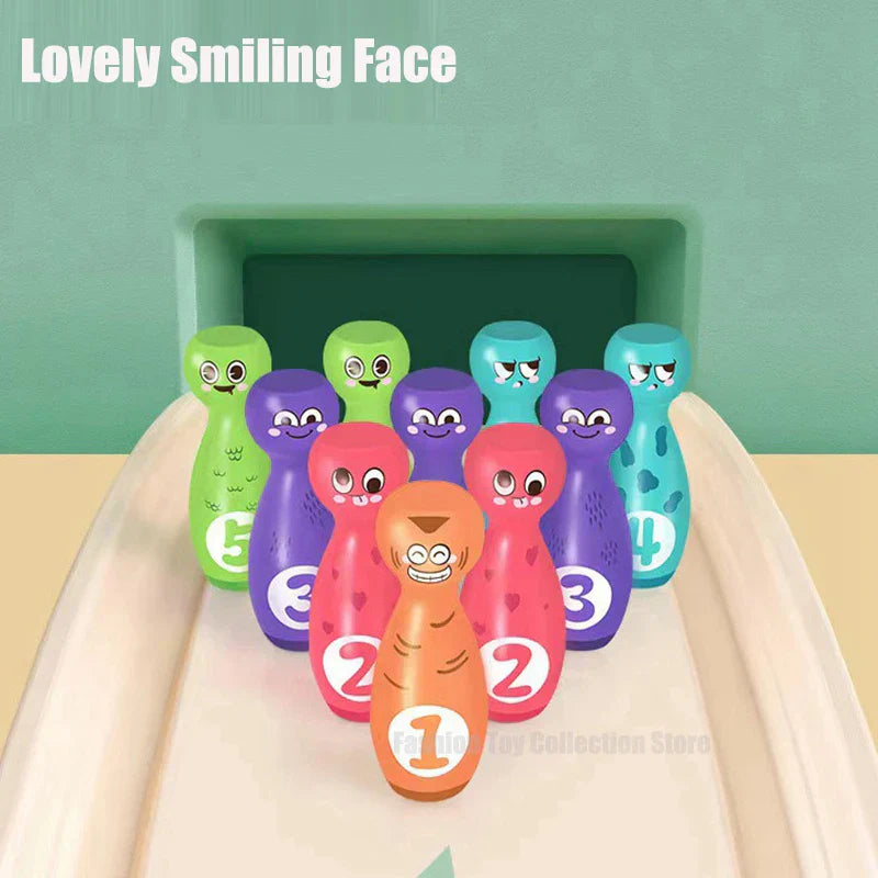 Close-up of brightly colored plastic bowling pins from a kids' game set, ideal for gifts.