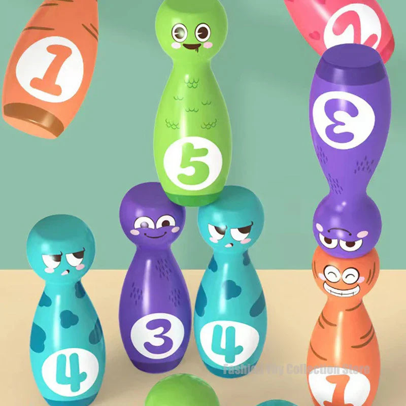 Full shot of a complete kids' colorful bowling game set, great for indoor or outdoor activities.
