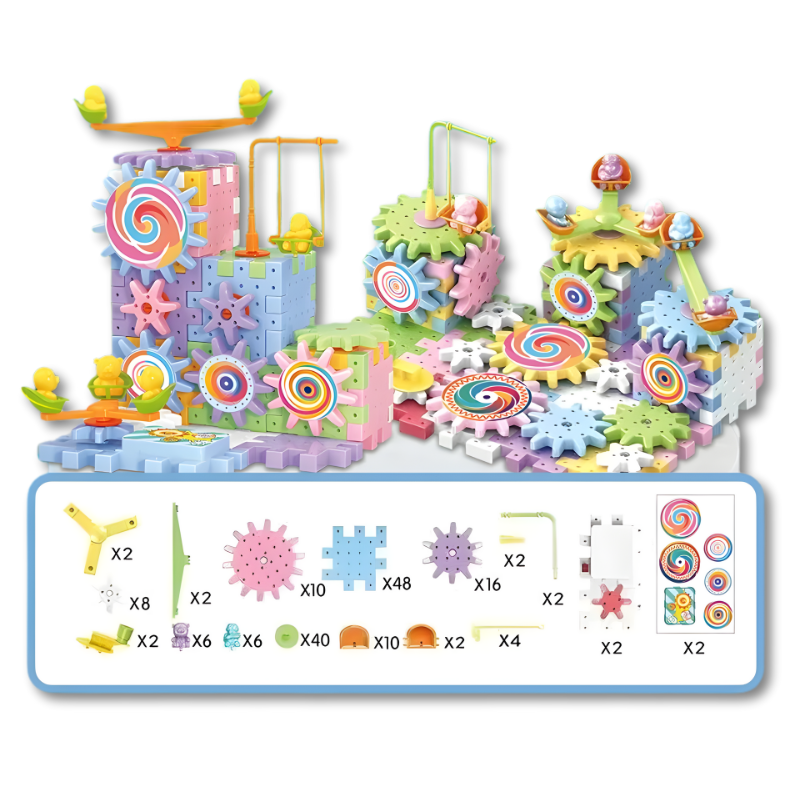 Children assembling a multi-colored gear building blocks puzzle set promoting STEM education