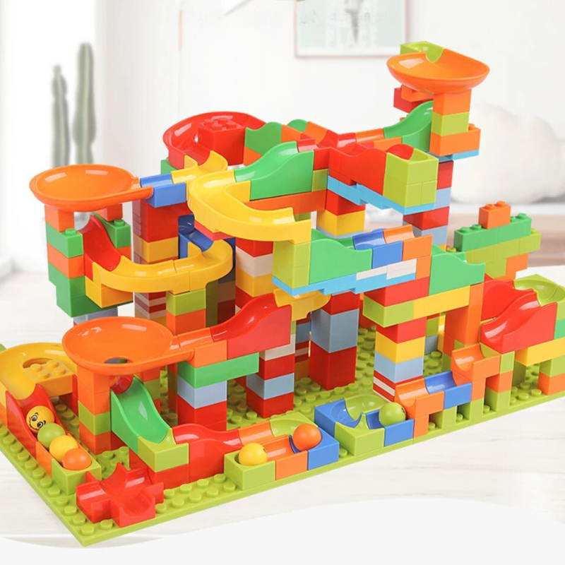 Colorful kids' creative marble run building set with various tracks and blocks for STEM learning
