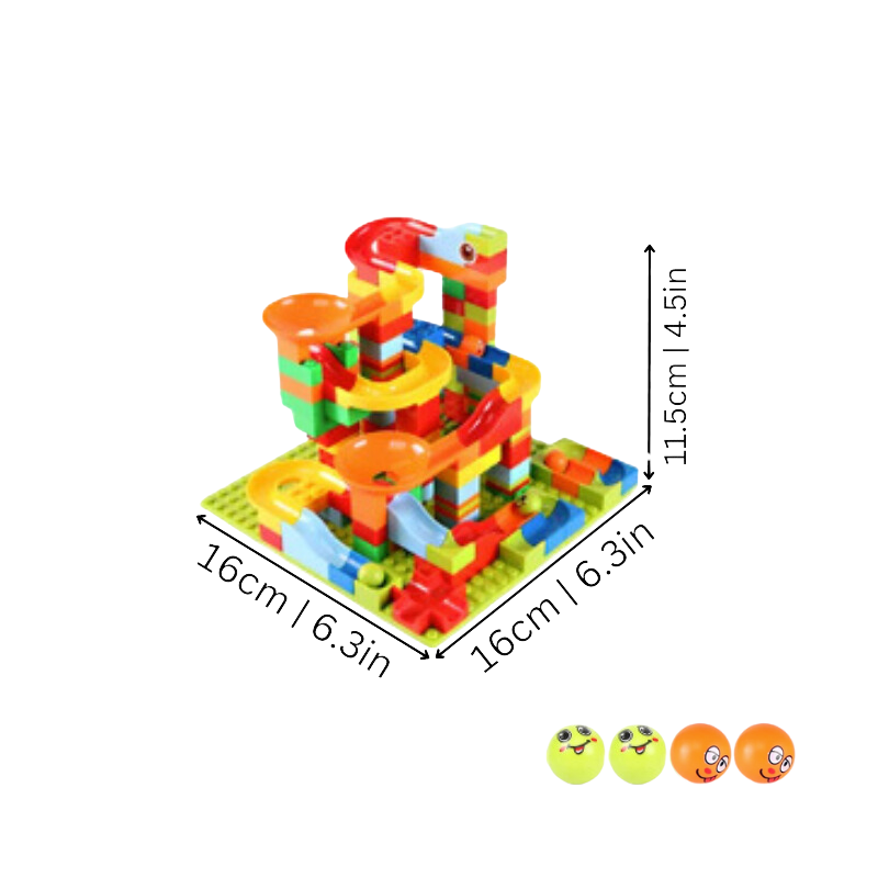 Close-up of a kids' creative marble run showing a marble navigating a complex puzzle track system