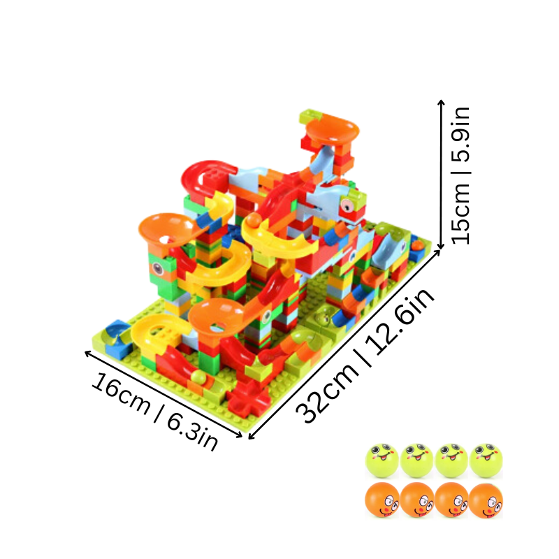 Boxed marble run building set, an educational STEM toy for children, with examples of track constructions