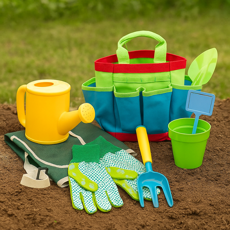Colorful kids' gardening tool set with gloves, shovel, rake, and watering can for outdoor play