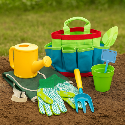 Colorful kids' gardening tool set with gloves, shovel, rake, and watering can for outdoor play