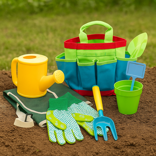 Colorful kids' gardening tool set with gloves, shovel, rake, and watering can for outdoor play
