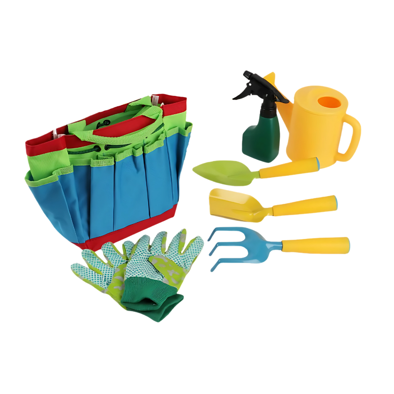 Educational gardening toy set for kids, includes small spade, rake, watering can, and carry bag
