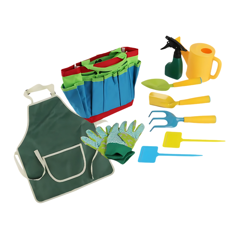 Vibrant kids' gardening tools: shovel, rake, trowel, watering can and gloves for learning & play