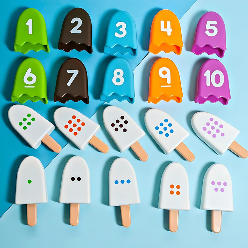 Colorful kids' ice cream counting and matching game with scoops and cones, educational preschool learning toy