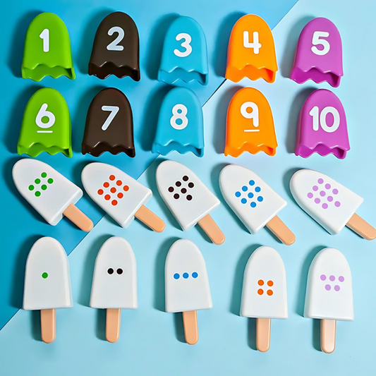 Colorful kids' ice cream counting and matching game with scoops and cones, educational preschool learning toy