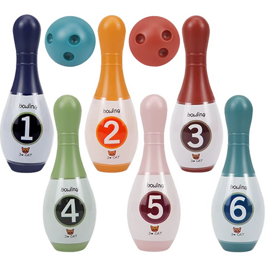 Colorful kids indoor bowling play set with 10 pins and 2 balls, perfect for developing motor skills.