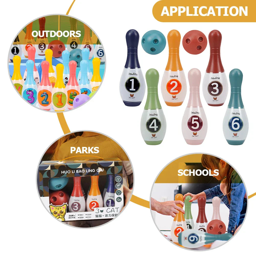 Educational kids bowling play set designed for indoor use, promoting hand-eye coordination in young children.