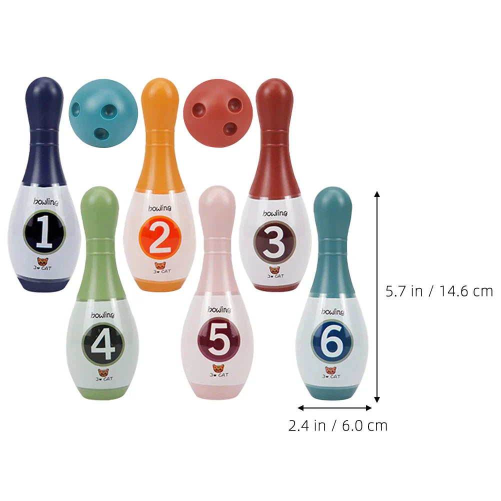 Complete children's gift: an indoor bowling game with ten pins and two balls for active play and motor skill development.