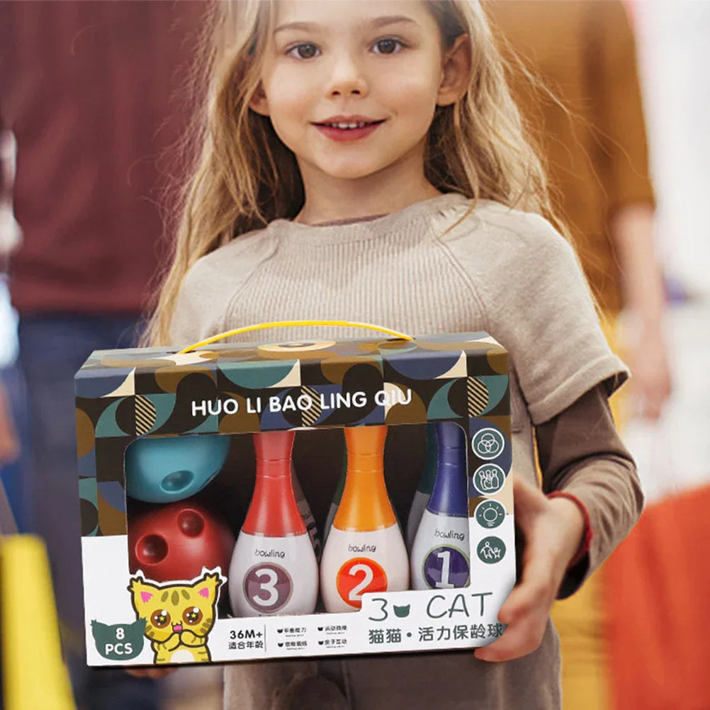 Vibrant indoor bowling toy set, a fun plastic game for kids to enjoy active play and family bonding indoors.