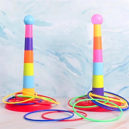 Colorful kids' indoor outdoor ring toss and stacking game set promotes motor skills.