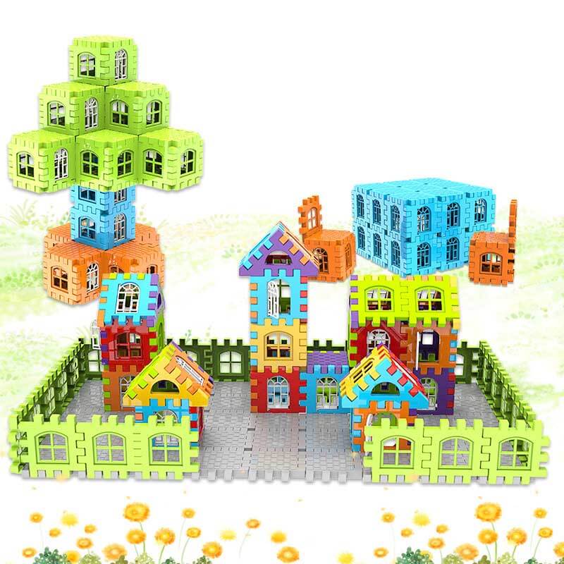 Close-up of interlocking waffle building blocks in various colors, perfect for young children