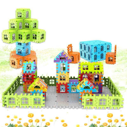 Close-up of interlocking waffle building blocks in various colors, perfect for young children