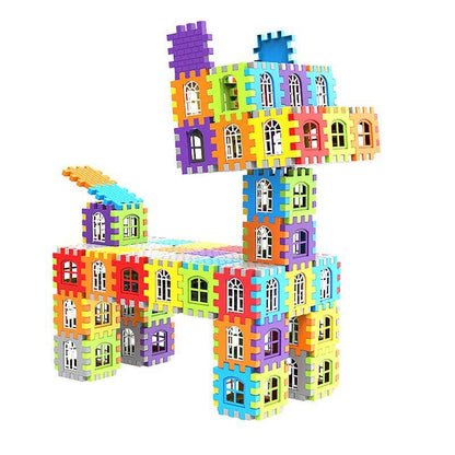 Kid's hands constructing a tall tower with colorful waffle building blocks, STEM toy