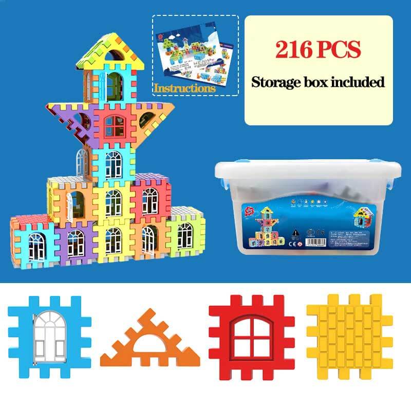 Stack of large multicolored waffle building blocks, ideal for toddler toy and creative play