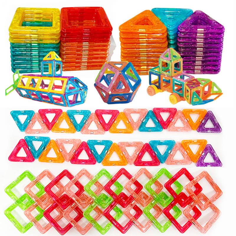 Children playing joyfully with magnetic building blocks, creating imaginative structures, a perfect creative toy gift.