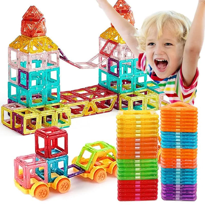 Magnetic building blocks designed to enhance spatial reasoning & fine motor skills in young children, great STEM toy.