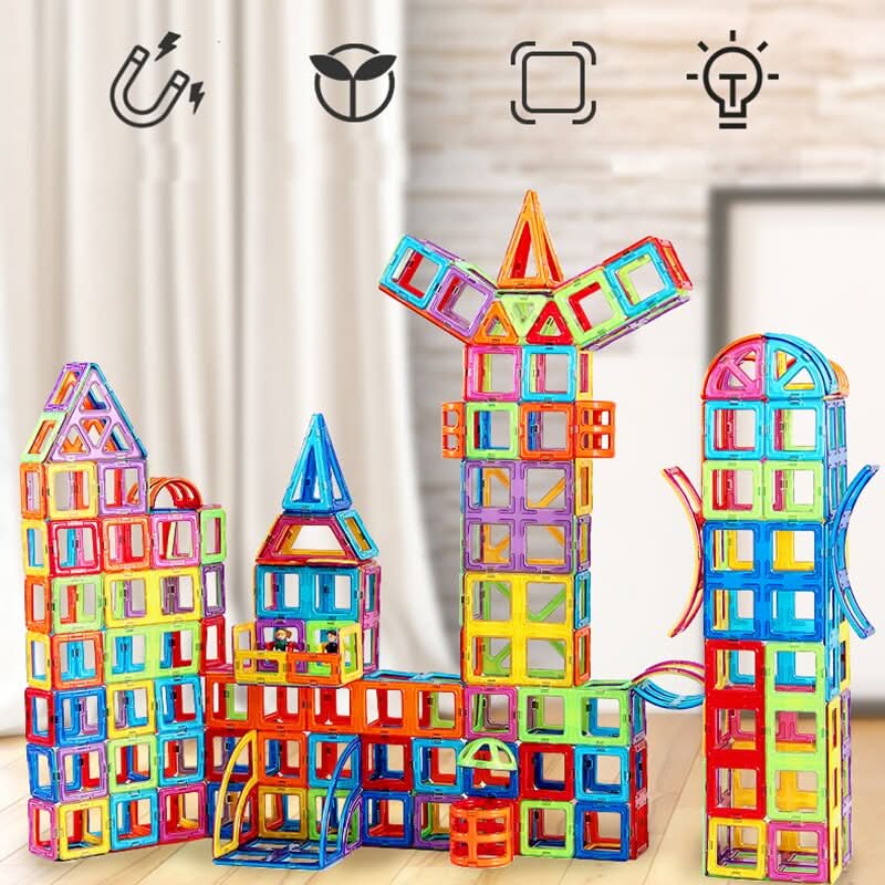 Complete magnetic building toy set with various shapes & colors, offering endless creative construction possibilities for kids.