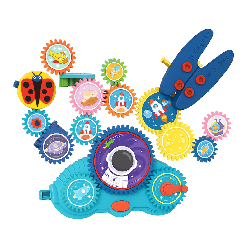 Close-up of magnetic gears from kids building toy set, promoting STEM learning & fine motor skills
