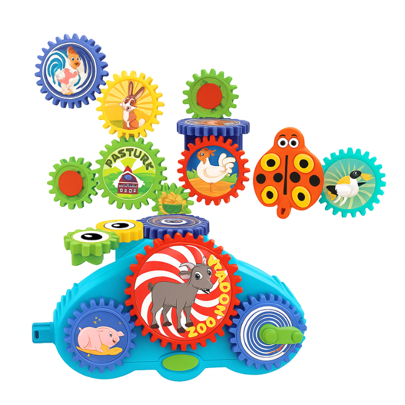 Kids STEM educational magnetic gear toy set arranged to show various colorful building possibilities