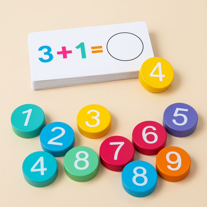 Colorful kids' math learning toy set with numbered blocks and shapes, perfect for preschool education.