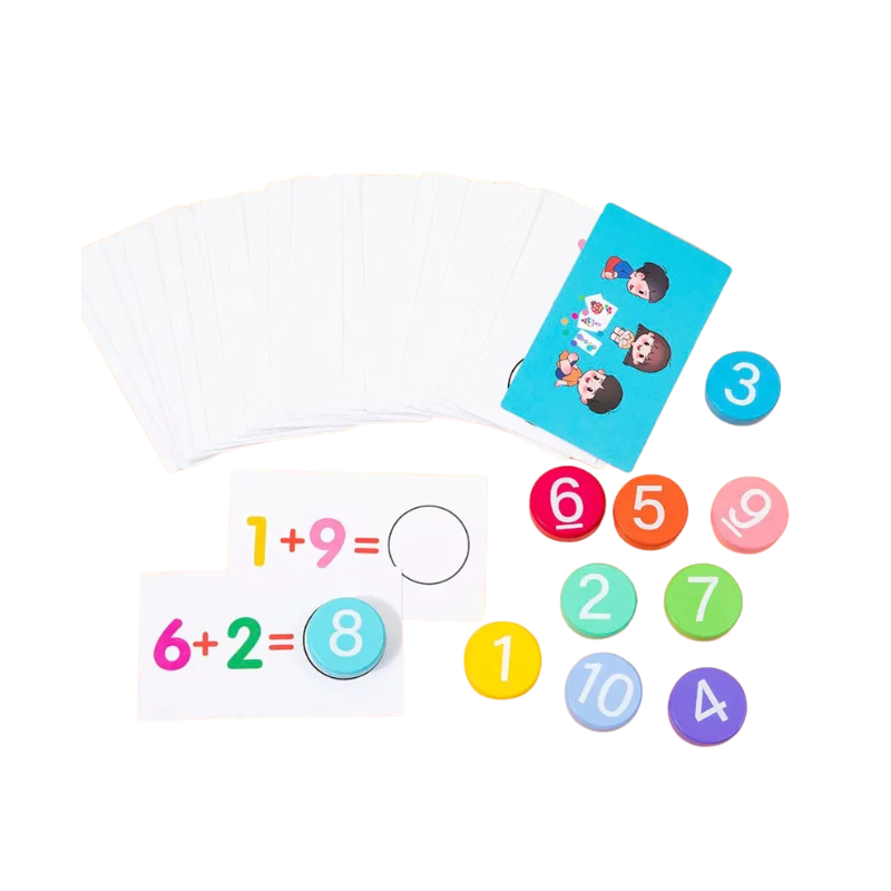 Educational math toy set for kids, featuring colorful blocks and activities to teach basic arithmetic and counting.