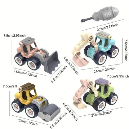 Educational toy construction vehicle set for children, including various trucks for imaginative play.
