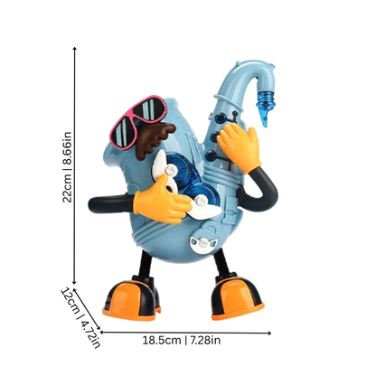 Joyful toddler playing with a dancing robot music toy, perfect for playtime fun.