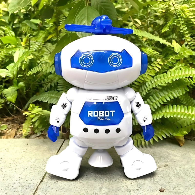 Colorful kids' musical dancing robot toy with flashing lights, encouraging interactive play and motor skills.