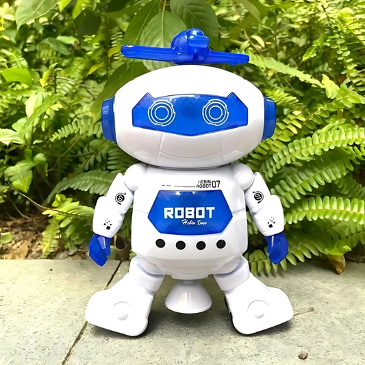 Colorful kids' musical dancing robot toy with flashing lights, encouraging interactive play and motor skills.