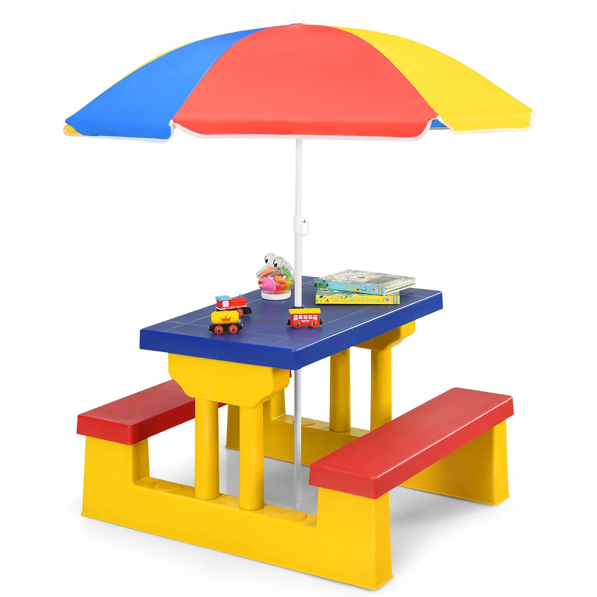 Colorful kids picnic table set with a removable umbrella for shaded outdoor and indoor play, perfect for toddlers.