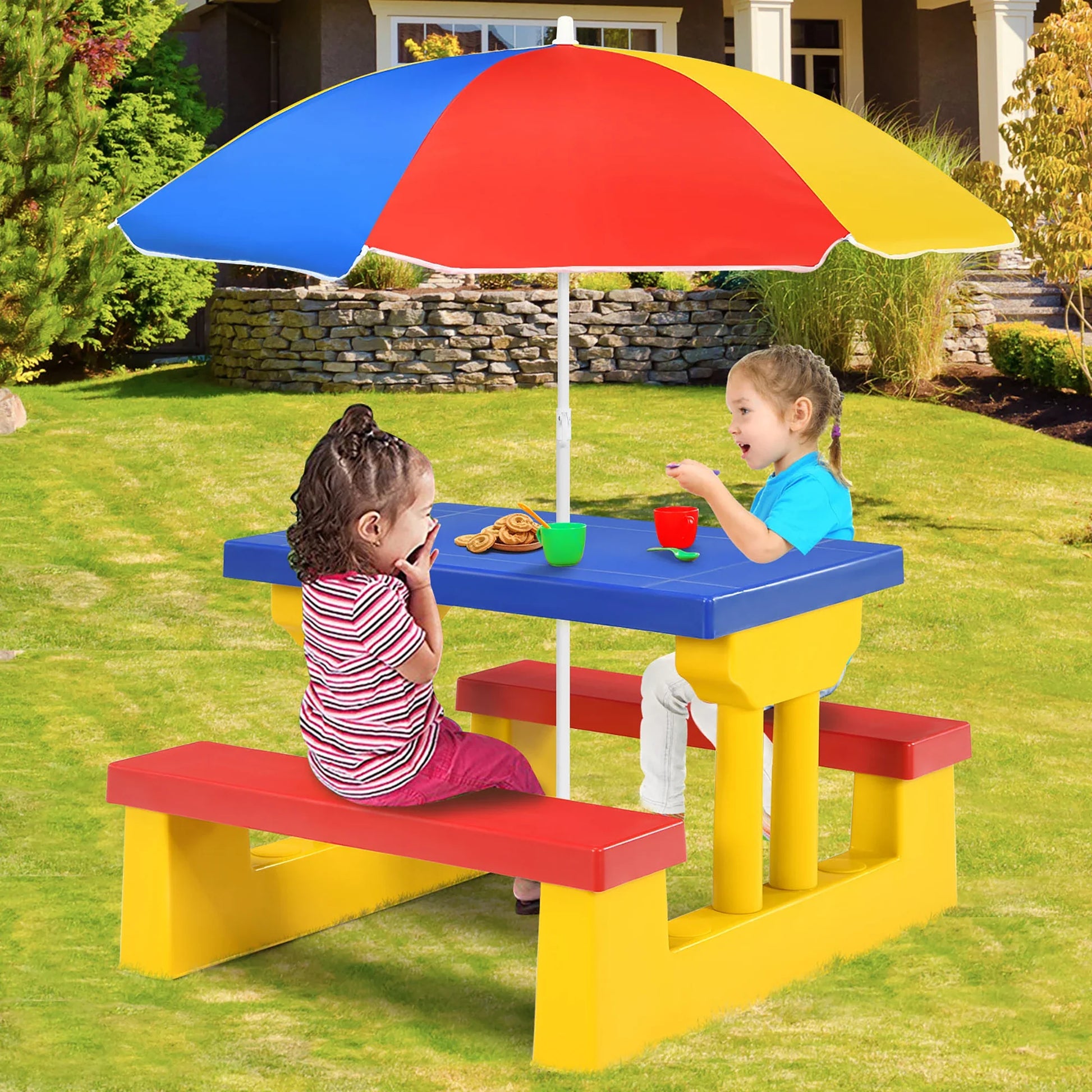 Outdoor kids picnic table with a protective, removable umbrella for backyard fun; ideal children's patio furniture.