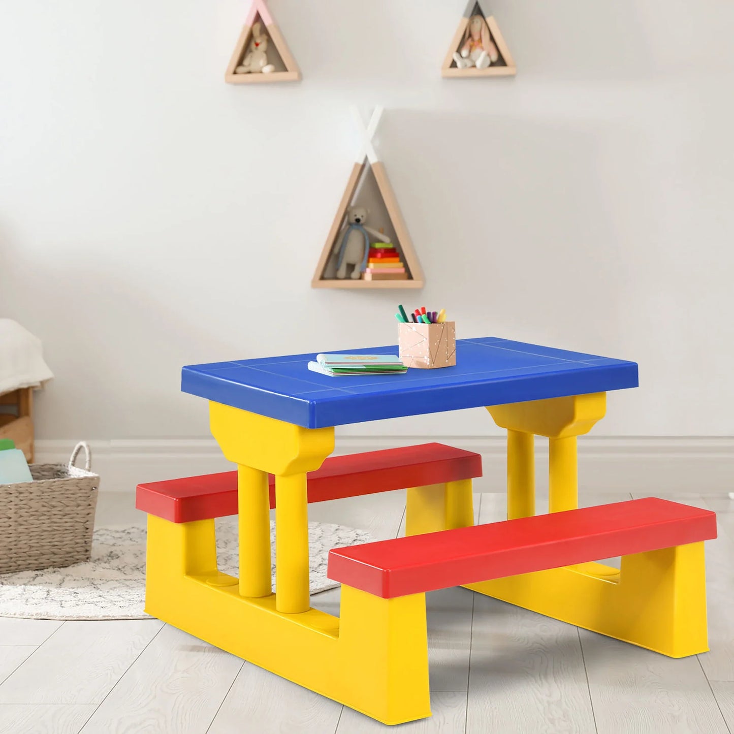 Vibrant children's activity table for indoor play; a versatile plastic toddler table without umbrella, great for crafts.