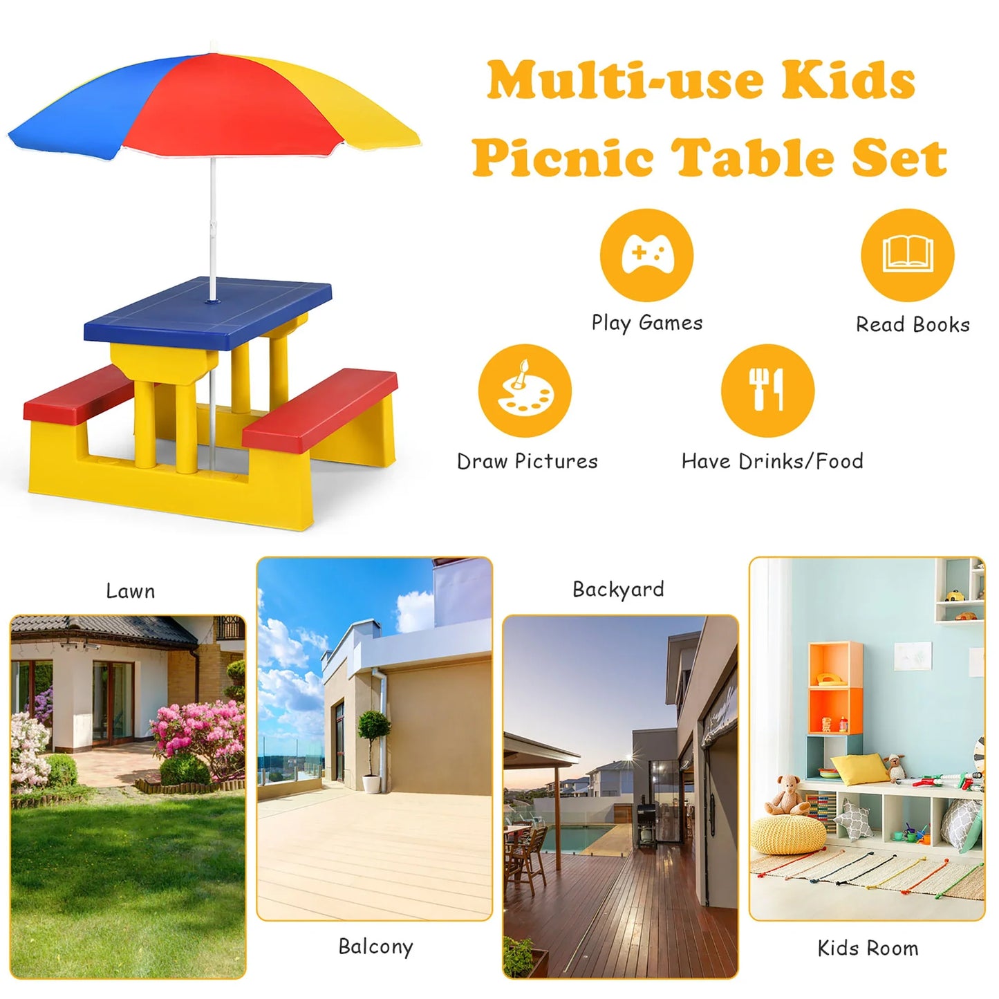 Portable plastic kids picnic table set for children, featuring a colorful design and a removable umbrella for easy setup.