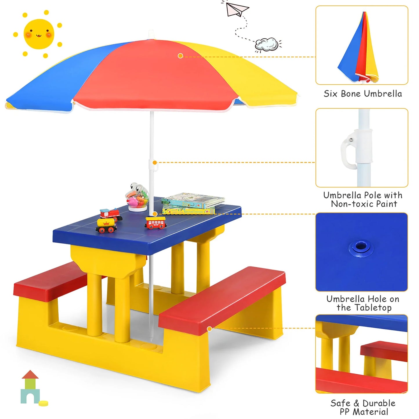 Durable and colorful toddler picnic table with a removable sun umbrella, designed for safe indoor and outdoor children's play.