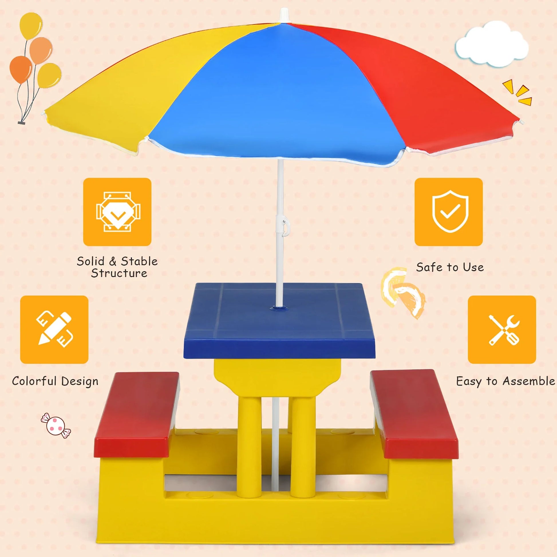 Kids play table set with a bright removable umbrella, perfect for backyard parties, crafts, or indoor activities for children.