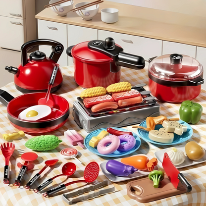 Colorful kids' play kitchen cooking set with pots, pans, and utensils for imaginative pretend play.