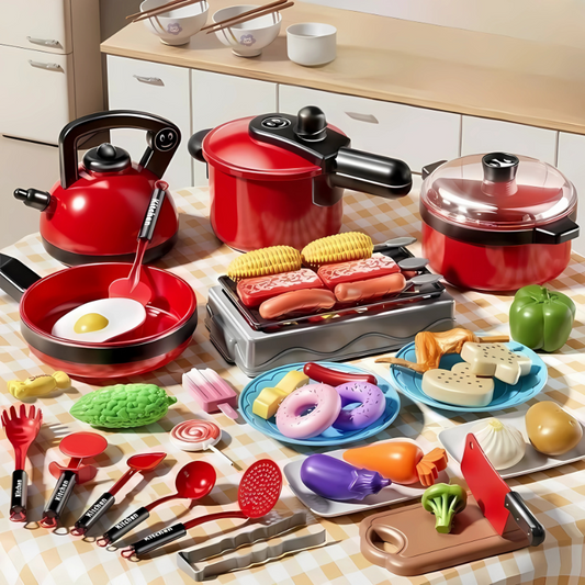 Colorful kids' play kitchen cooking set with pots, pans, and utensils for imaginative pretend play.
