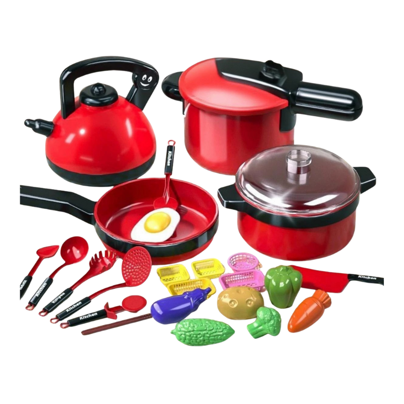 Close-up of a child's hands arranging miniature food and dishes from an imaginative play cooking toy set.
