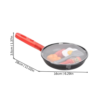 Toddler playing with a wooden pretend kitchen set, featuring pretend food and utensils