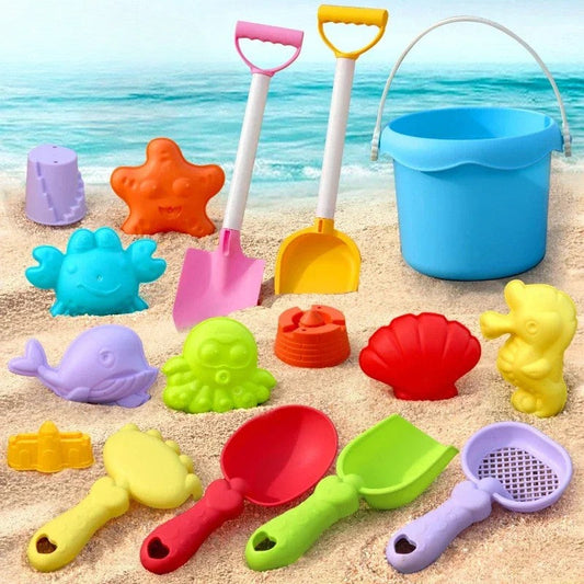Colorful kids' summer sand & beach toy set with bucket, shovel, rake, and molds for outdoor play