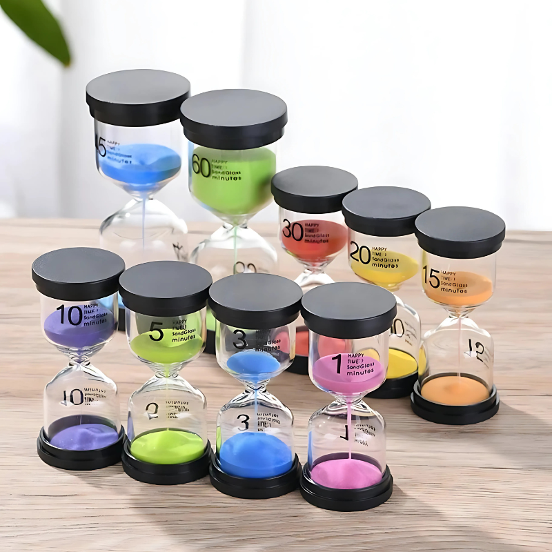 Colorful kids' visual sand timer set for time management, featuring hourglasses for learning and play